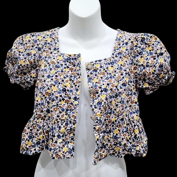 2/$20 Y2K Blue & Yellow Floral Pattern Buttons Down Top Blouse Size: XS - Picture 7 of 7